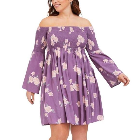 Torrid Boho Floral Mini Challis Off Shoulder Skater Dress Size 1 - Picture 1 of 7